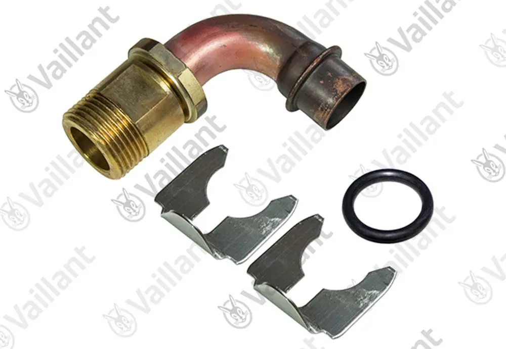 Vaillant Anschlussstück mit gewundenem Rohr, Anschlussgewinde, zwei Metallclips und einer schwarzen Dichtung.